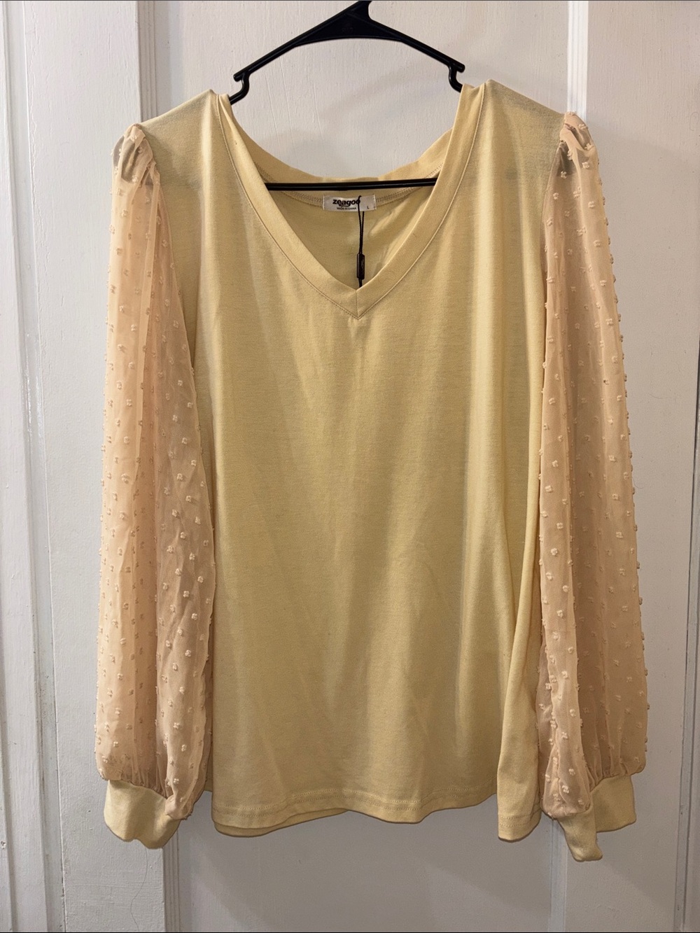 zeagoo Tan V-Neck Top with Sheer Dot Puff Sleeves